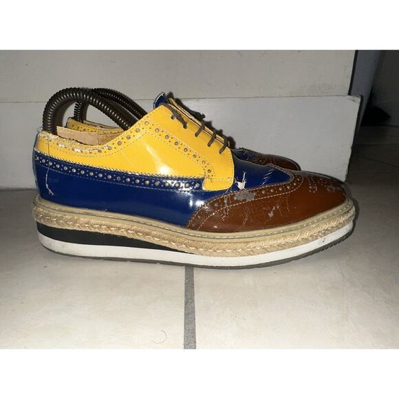 Prada Men's Shoes Brogue Us 9 Patent Leather‎ Yellow Blue Wingtip Oxford  M169 - Picture 2 of 16
